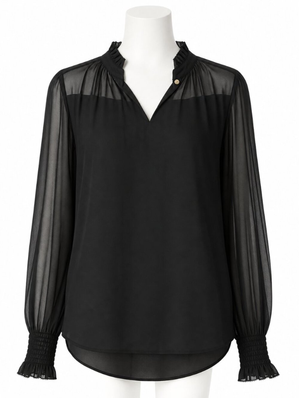 NWT Ann Taylor Black Sheer Sleeve Blouse Smocked Cuffs Size M